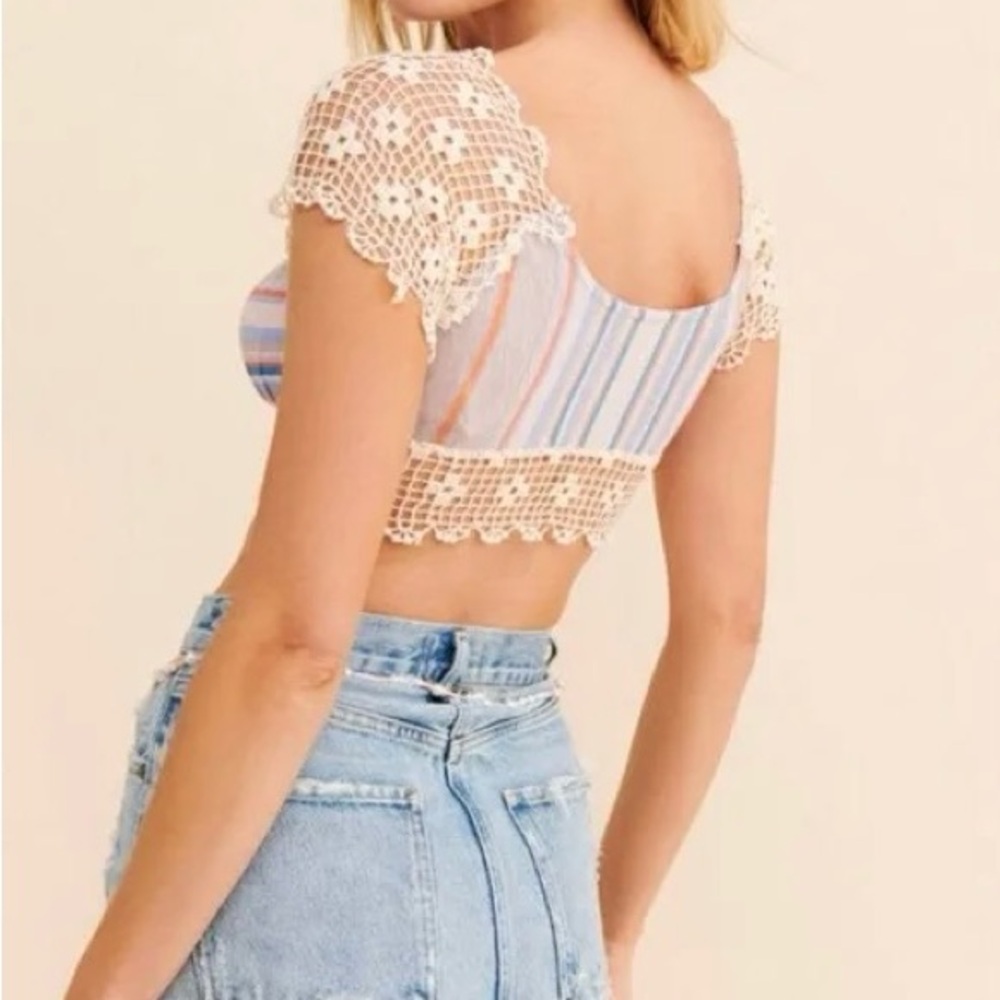 Free People beige crochet sleeves multi lace casual crop off shoulder top blouse